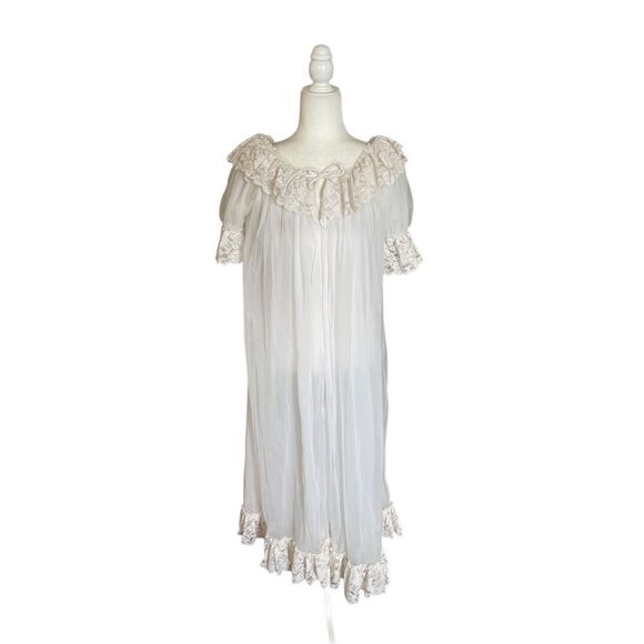 Vintage RoVel Nylon Robe – Medium – Sheer White with Lace Trim - Picture 1 of 7